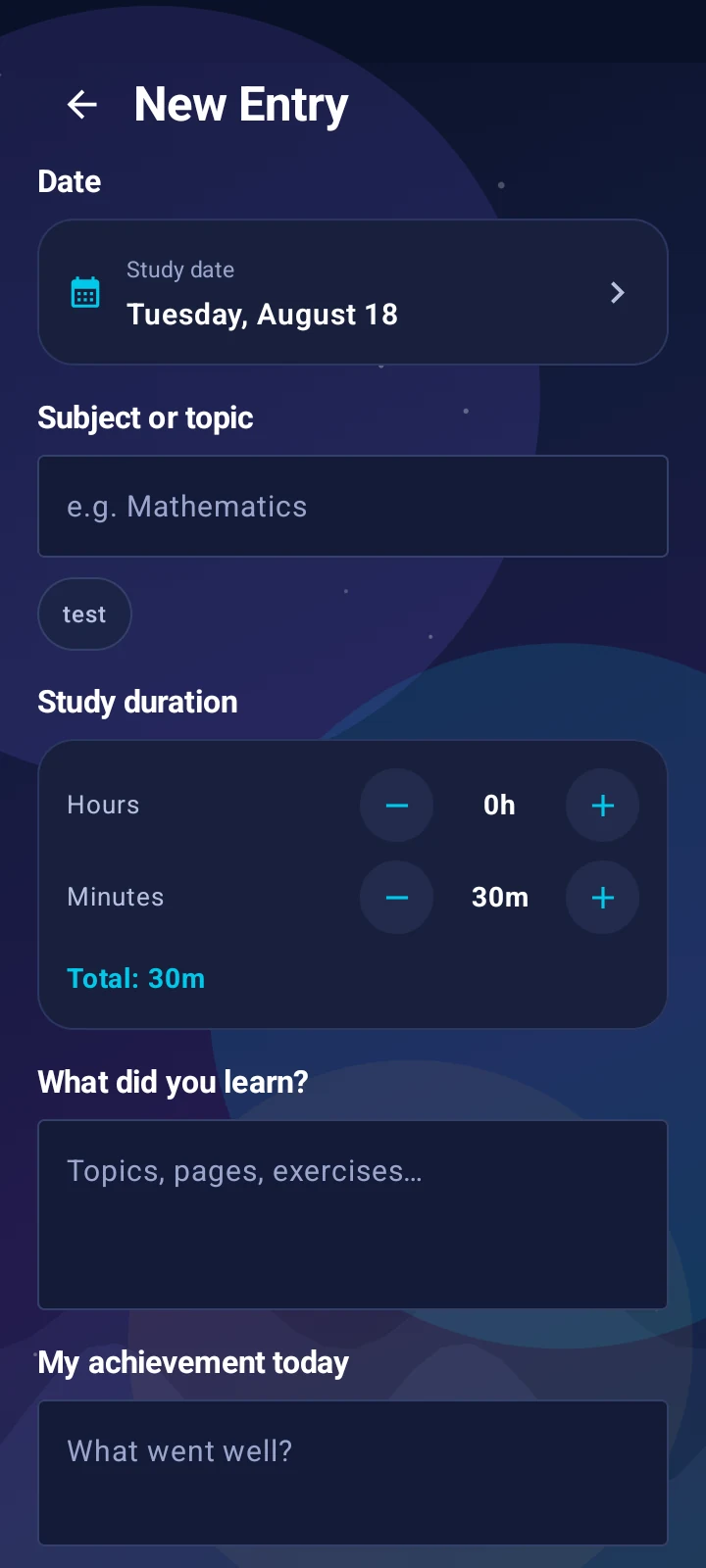 Edu Diary new entry screen